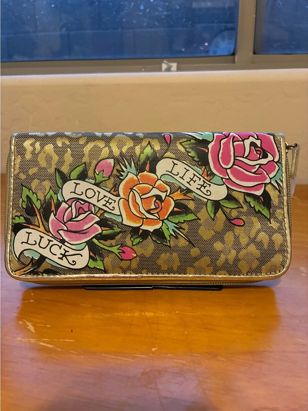 Ed Hardy Floral Tattoo Print Women's Clutch Wallet - Pink, Orange, Green